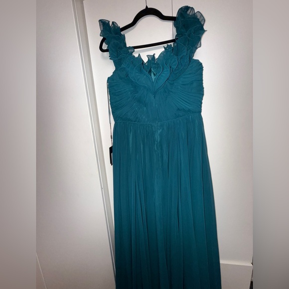 NWT Mac Duggal 11591 Teal Ruched Off The Shoulder A Line Gown Size 10 - Picture 11 of 14